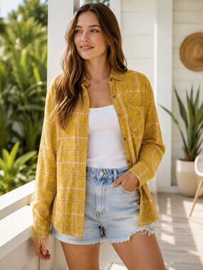 Mustard Yellow Plaid Button Down Shirt Summer Layer Shacket
